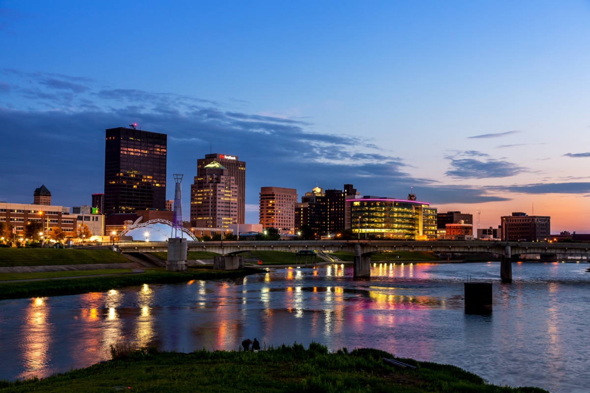 RiverScape view of Dayton, Ohio's skyline with new, exclusive Water Street Apartments along the Great Miami River