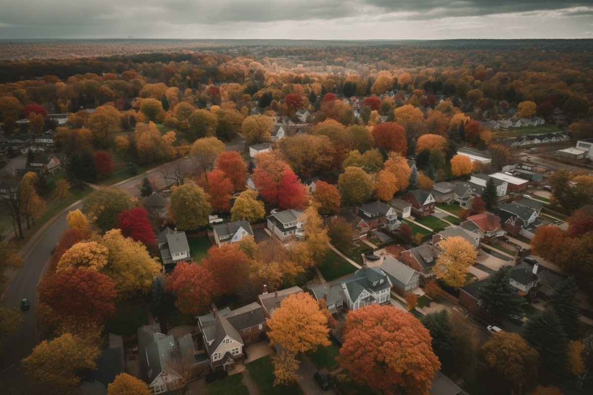 Autumn aerial view of Eau Claire, WI residential area with wide streets, sidewalks, spacious homes, yards, and nearby park. Generative AI