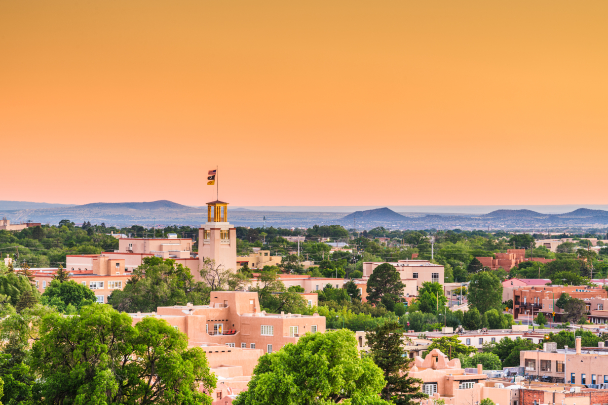 Santa Fe, New Mexico, USA downtown skyline at dusk.